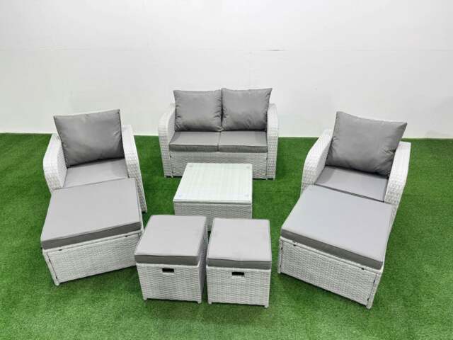 Rackhams Outdoor Garden Furniture Set PE Rattan Love Sofa Reclining Chair Set with Coffee Table 4 Footstools Light Grey - image 1