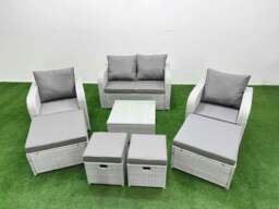 Rackhams Outdoor Garden Furniture Set PE Rattan Love Sofa Reclining Chair Set with Coffee Table 4 Footstools Light Grey - thumbnail 1