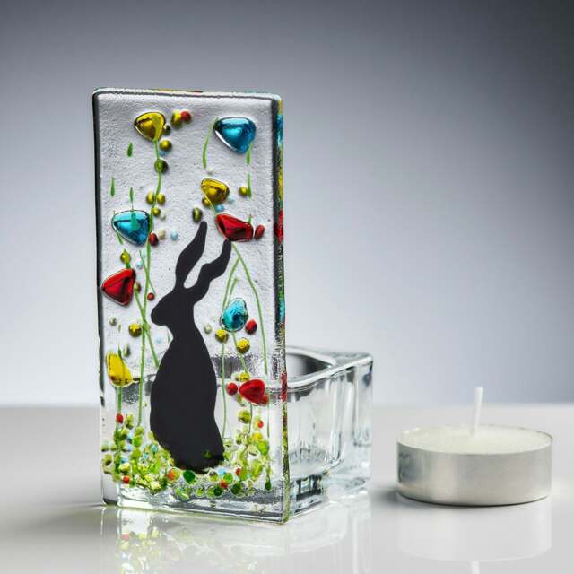 Rackhams Fused Glass Tea Light Holder – Hare & Wildflower Design (Handmade)