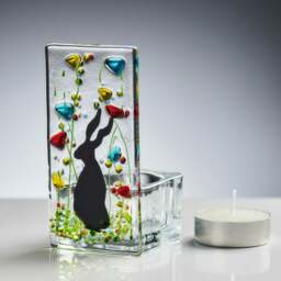 Rackhams Fused Glass Tea Light Holder – Hare & Wildflower Design (Handmade)