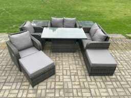 Rackhams Rattan Furniture Garden Dining Sets Outdoor Height Adjustable Rising lifting Table Love Sofa Chair With 2 Side Tables 2 Footstools - thumbnail 1