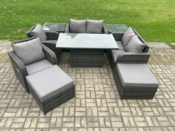 Rackhams Rattan Furniture Garden Dining Sets Outdoor Height Adjustable Rising lifting Table Love Sofa Chair With 2 Side Tables 2 Footstools - thumbnail 2