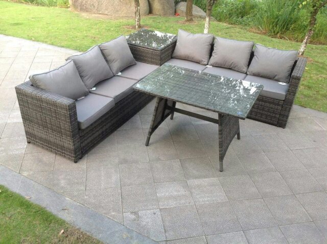 Rackhams 6 Seater Grey Rattan Sofa Dining Set 2 Tables Garden Furniture Outdoor - image 1