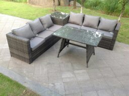 Rackhams 6 Seater Grey Rattan Sofa Dining Set 2 Tables Garden Furniture Outdoor - thumbnail 1