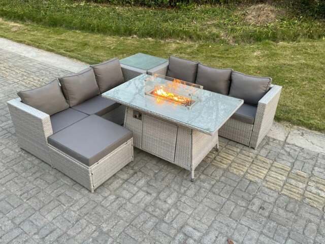 Rackhams Light Grey Corner Rattan Fire Pit Garden Furniture Set Gas Heater Burner Lounge Sofa With Side Coffee Table Big Footstool - image 1