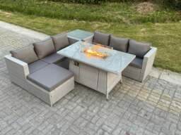 Rackhams Light Grey Corner Rattan Fire Pit Garden Furniture Set Gas Heater Burner Lounge Sofa With Side Coffee Table Big Footstool - thumbnail 1