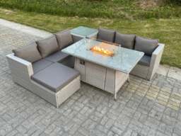 Rackhams Light Grey Corner Rattan Fire Pit Garden Furniture Set Gas Heater Burner Lounge Sofa With Side Coffee Table Big Footstool - thumbnail 2