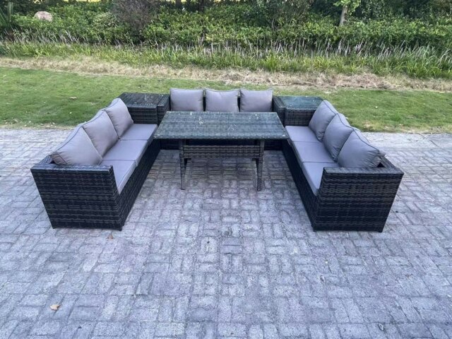 Rackhams Wicker Outdoor Garden Furniture Rattan Lounge Sofa Set Patio Rectangular Dining Table with 2 Side Table 9 Seater Dark Grey Mixed - image 1