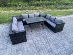 Rackhams Wicker Outdoor Garden Furniture Rattan Lounge Sofa Set Patio Rectangular Dining Table with 2 Side Table 9 Seater Dark Grey Mixed - thumbnail 3