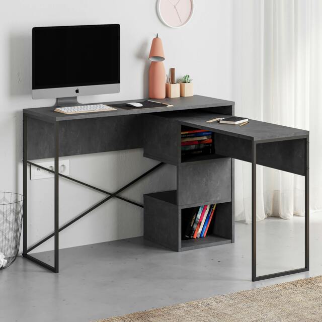 Rackhams Modern Badau L-Shaped Computer Desk Metal Legs 3 Adjustable Storage Shelf Extra Table 110cm(W) Work PC Office - Retro Grey - image 1
