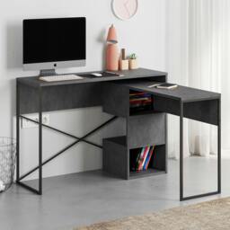 Rackhams Modern Badau L-Shaped Computer Desk Metal Legs 3 Adjustable Storage Shelf Extra Table 110cm(W) Work PC Office - Retro Grey