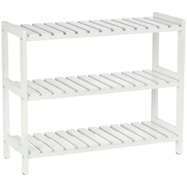 Rackhams 3-Tier Shoe Rack Wood Frame Slatted Shelves Spacious Open Hygienic Storage Home Hallway Furniture Family Guests 70L x 26W x 57.5H cm - White - image 1