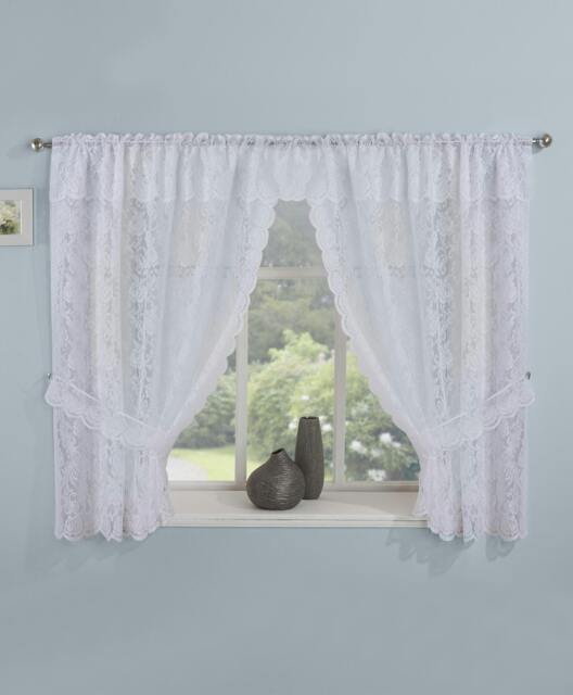 "Rackhams Kew White Embroidered Floral Window Set with Attached Valance and Matching Tie Backs - White - 114"" (290cm) Width x 54"" (137cm) Drop"