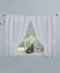 "Rackhams Kew White Embroidered Floral Window Set with Attached Valance and Matching Tie Backs - White - 114"" (290cm) Width x 54"" (137cm) Drop"