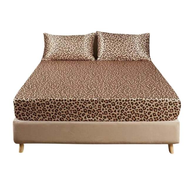 Rackhams Bed Sheet Gold Leopard Print Satin Silk High End Fitted Flat Sheet - King