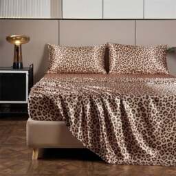 Rackhams Bed Sheet Gold Leopard Print Satin Silk High End Fitted Flat Sheet - King - thumbnail 4
