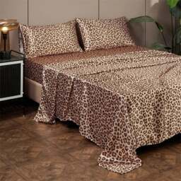 Rackhams Bed Sheet Gold Leopard Print Satin Silk High End Fitted Flat Sheet - King - thumbnail 2