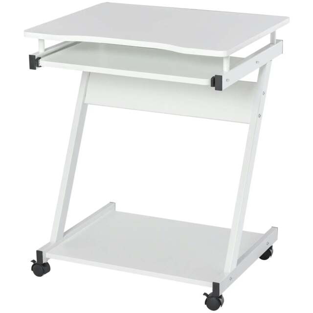 Rackhams Mobile Computer Desk, Z-Shaped Writing Desk, PC Table for Small Spaces, Workstation with 4 Wheels & Sliding Keyboard, White - image 1