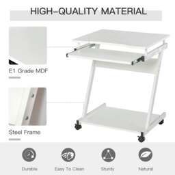 Rackhams Mobile Computer Desk, Z-Shaped Writing Desk, PC Table for Small Spaces, Workstation with 4 Wheels & Sliding Keyboard, White - thumbnail 6