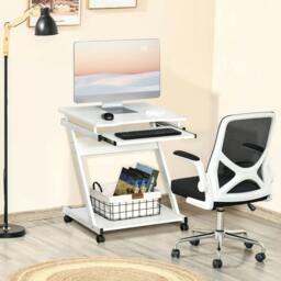 Rackhams Mobile Computer Desk, Z-Shaped Writing Desk, PC Table for Small Spaces, Workstation with 4 Wheels & Sliding Keyboard, White - thumbnail 2
