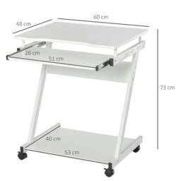 Rackhams Mobile Computer Desk, Z-Shaped Writing Desk, PC Table for Small Spaces, Workstation with 4 Wheels & Sliding Keyboard, White - thumbnail 3