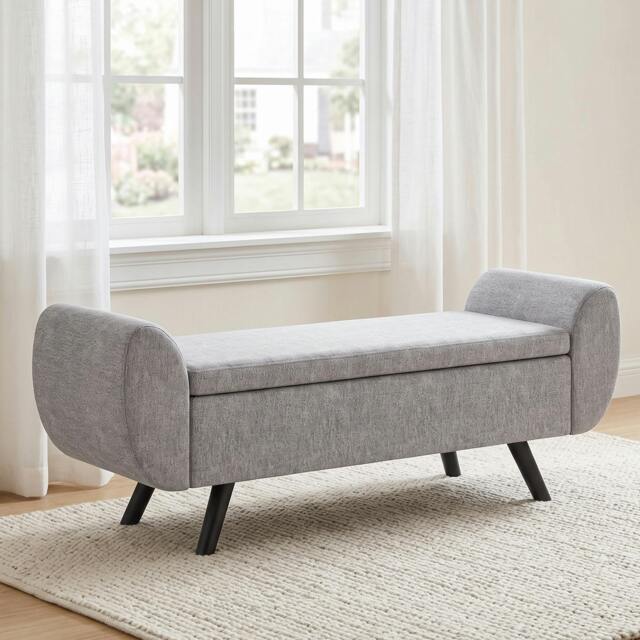 Rackhams Storage Ottoman with Armrest, Upholstered Linen Storage Bench - 1 - Storage Ottoman - Dark Grey - image 1