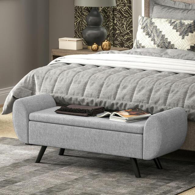 Rackhams Storage Ottoman with Armrest, Upholstered Linen Storage Bench - 1 - Storage Ottoman - Dark Grey - image 1