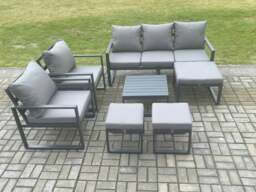 Rackhams Aluminium Outdoor Lounge Sofa Set Garden Furniture Sets with Square Coffee Table 2 Chairs 3 Footstools Dark Grey 8 Seater - thumbnail 2