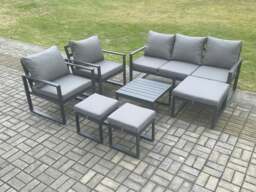 Rackhams Aluminium Outdoor Lounge Sofa Set Garden Furniture Sets with Square Coffee Table 2 Chairs 3 Footstools Dark Grey 8 Seater - thumbnail 1