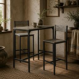 Rackhams Novero 3 Piece Industrial Breakfast Bar Set With 2 Stools And Footrest Support