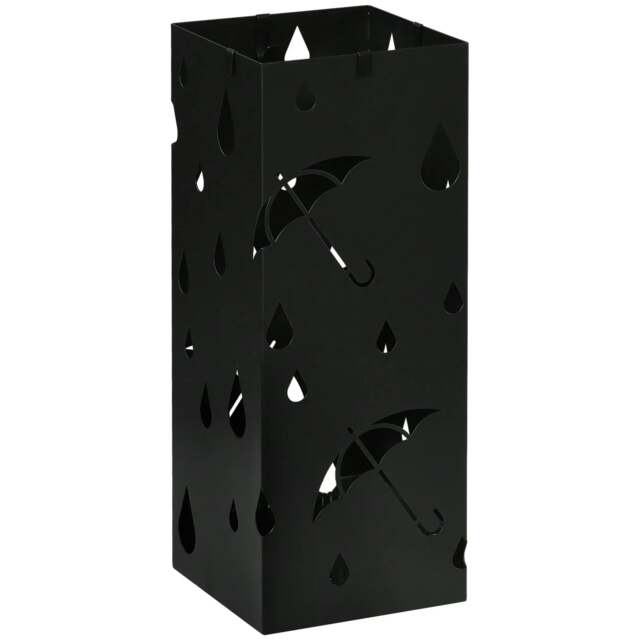 Rackhams Steel Umbrella Stand, Square Umbrella Holder with 4 Hooks and Removable Drip Tray, Hollowed Umbrella Basket for Hallway, Black - image 1