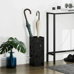 Rackhams Steel Umbrella Stand, Square Umbrella Holder with 4 Hooks and Removable Drip Tray, Hollowed Umbrella Basket for Hallway, Black - thumbnail 2