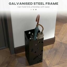 Rackhams Steel Umbrella Stand, Square Umbrella Holder with 4 Hooks and Removable Drip Tray, Hollowed Umbrella Basket for Hallway, Black - thumbnail 4