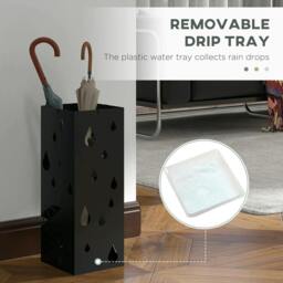 Rackhams Steel Umbrella Stand, Square Umbrella Holder with 4 Hooks and Removable Drip Tray, Hollowed Umbrella Basket for Hallway, Black - thumbnail 5
