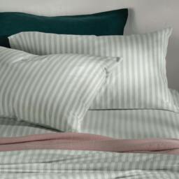 Rackhams Misty Green Herringbone Stripe Cotton Housewife Pillowcases - Standard - Pair - Housewife