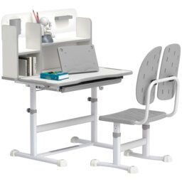 Rackhams AIYAPLAY Kids Desk & Chair Set, Height Adjustable Children School Study Desk with Tiltable Desktop Drawer, Reading Rack for Ages 3-13 Years - Grey - thumbnail 2