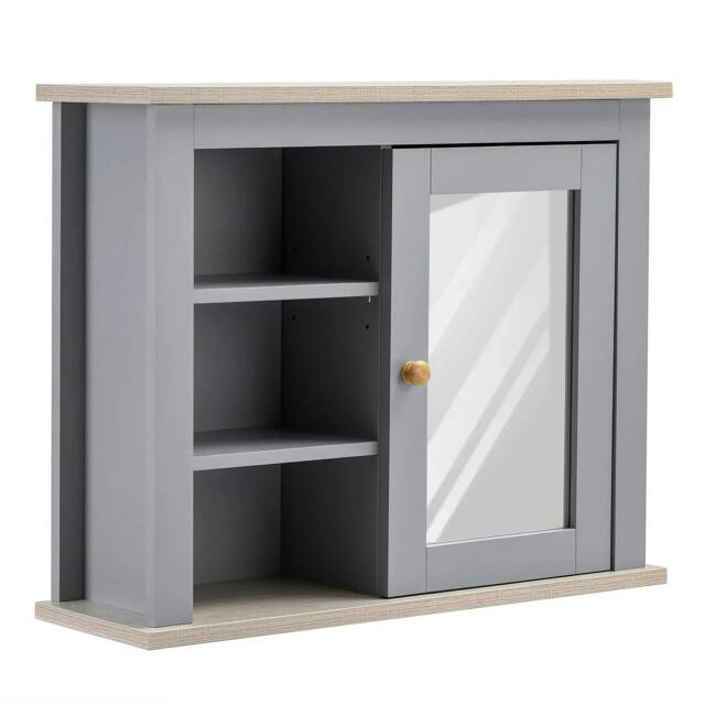 Rackhams Bathroom Wall Mirror Cabinet, Cupboard with Door, Storage Cabinet with Adjustable Shelf for Corridors Living Rooms, Grey - Grey - image 1
