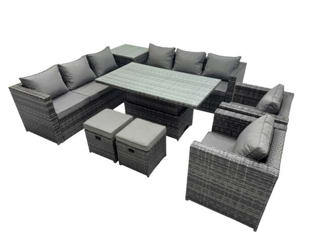 Rackhams 10 Seater Outdoor Corner Sofa Height Adjustable Rising Lifting Table Set Garden Rattan Furniture Set with Side Table 2 Small Stools Dark Grey - image 1