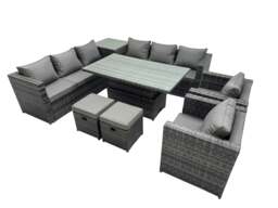 Rackhams 10 Seater Outdoor Corner Sofa Height Adjustable Rising Lifting Table Set Garden Rattan Furniture Set with Side Table 2 Small Stools Dark Grey - thumbnail 1