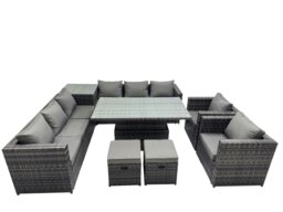 Rackhams 10 Seater Outdoor Corner Sofa Height Adjustable Rising Lifting Table Set Garden Rattan Furniture Set with Side Table 2 Small Stools Dark Grey - thumbnail 2