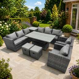 Rackhams 10 Seater Outdoor Corner Sofa Height Adjustable Rising Lifting Table Set Garden Rattan Furniture Set with Side Table 2 Small Stools Dark Grey