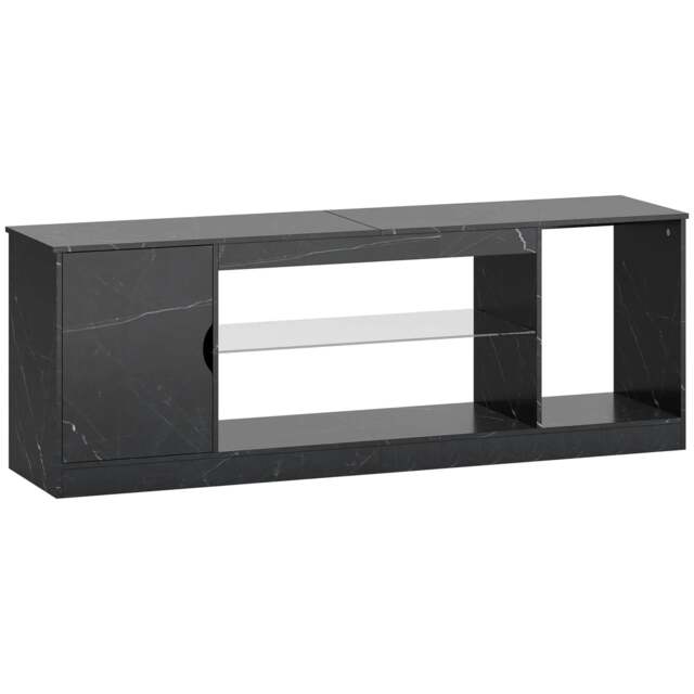 "Rackhams TV Stand Cabinet, Marble Effect TV Unit for up to 55"" TVs with Glass Shelf and Storage Cabinet, Entertainment Unit for Living Room, Bedroom, Black"