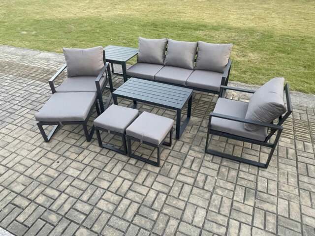 Rackhams Aluminium 8 Pieces Garden Furniture Sofa Set with Cushions 8 Seater Outdoor Patio Set with 2 Armchair 3 Footstools Side Table Dark Grey - image 1