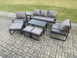 Rackhams Aluminium 8 Pieces Garden Furniture Sofa Set with Cushions 8 Seater Outdoor Patio Set with 2 Armchair 3 Footstools Side Table Dark Grey - thumbnail 1