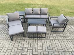Rackhams Aluminium 8 Pieces Garden Furniture Sofa Set with Cushions 8 Seater Outdoor Patio Set with 2 Armchair 3 Footstools Side Table Dark Grey - thumbnail 2