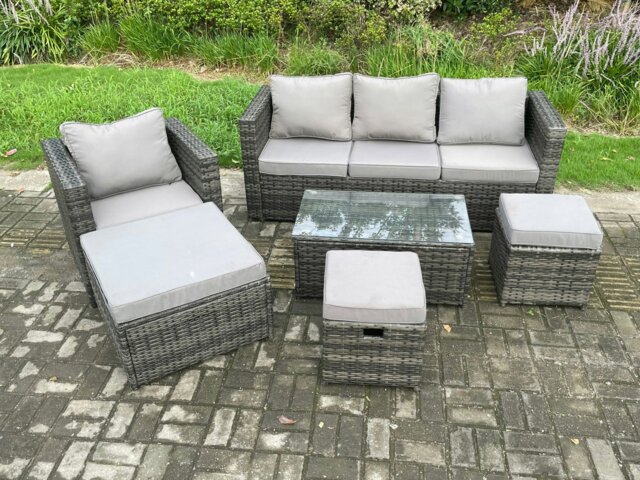 Rackhams Rattan Garden Furniture Set with 3 Seater Sofa Coffee Table Armchair 3 Footstools Indoor Outdoor Patio Lounge Sofa Set Dark Grey Mixed - image 1