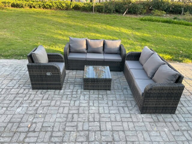 Rackhams Outdoor Rattan Garden Furniture Set Conservatory Patio Sofa Coffee Table With Reclining Chair Dark Grey Mixed - image 1