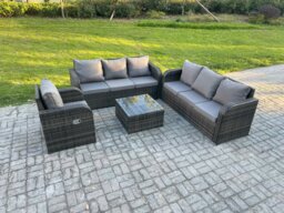 Rackhams Outdoor Rattan Garden Furniture Set Conservatory Patio Sofa Coffee Table With Reclining Chair Dark Grey Mixed - thumbnail 2