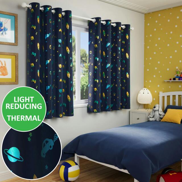 "Rackhams Infinity Kids Blue Space and Football Thermal Room Darkening Eyelet Curtain - For Childrens Bedroom - Blue - 66"" (168cm) Width x 72"" (183cm) Drop" - image 1