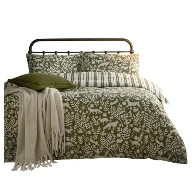 Rackhams Skandi Woodland Reversible Brushed Cotton Duvet Cover Set - Thyme Green - King/Super King - Thyme Green - 100% Cotton - image 1